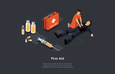 Vector Illustration, Cartoon 3D Style. Isometric Composition, First Aid Conceptual Design With Writing. Medical Healthcare Service, Two Characters. Process Of Health Rescue. Emergency Help Kit Near.