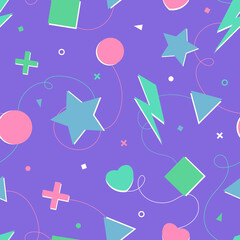 Memphis gaming random particles seamless pattern. Best for child decorative design. Square vector  pattern with geometric shapes like square, triangle, star and circle. Purple unisex tileable pattern
