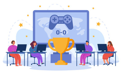 Girls and boys competing in esports for the cup using PC. Winning cup in gaming championship flat vector illustration. Esports champion, competition, entertainment concept