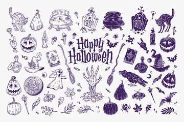 Halloween doodles set. Decoration for Halloween and occult