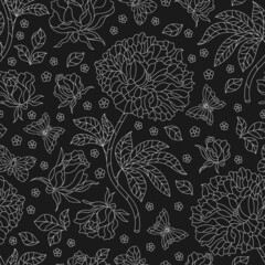 Seamless pattern with rose flowers and butterflies, dark contour flowers and insects on a white background