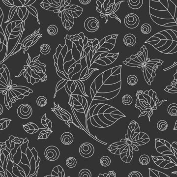 Seamless pattern with light contour rose flowers and butterflies, outline flowers and insects on a dark background