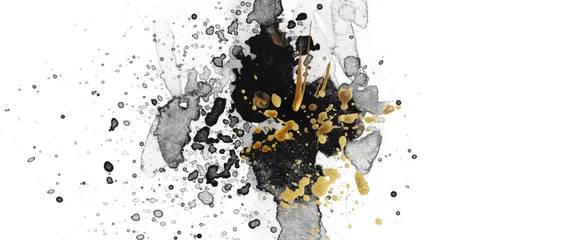 Zelfklevend Fotobehang Watercolor flow blot with drops splash. Abstract texture black and gold color stain on white background. © Liliia