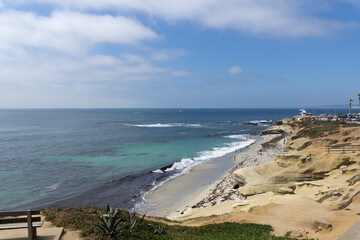 View of Pacific Ocean with beach and cliff. Torrey Pines State Natural Reserve and State Park La Jolla San Diego California