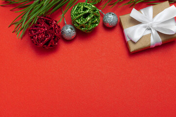 Top view Christmas composition. Christmas background, layout. With copy space with Christmas items. Flat layout