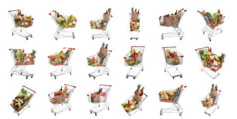 Set with shopping carts full of groceries on white background. Banner design © New Africa