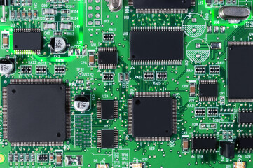 electronic circuit board with passive and active circuit components and IC close-up