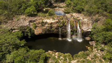 Aerial view of a beautiful waterfall in the beautiful Serra da Canastra, Minas Gerais, Brazil