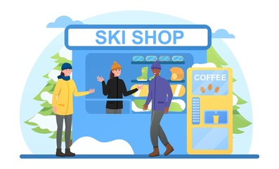 Man takes inventory at ski store. Purchase of snowboarding, outdoor activities. Winter adventures, rent. Extreme sports, adrenalin. Cartoon flat vector illustration isolated on white background