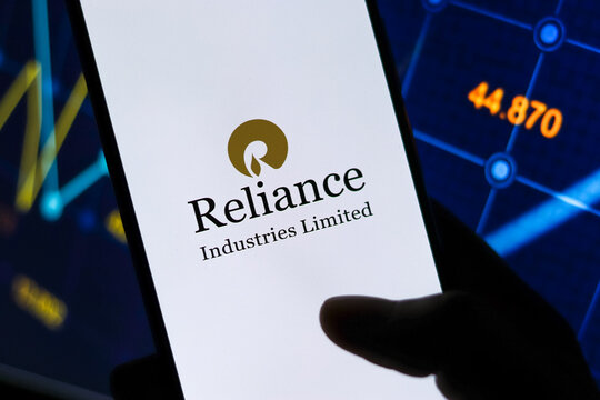 West Bangal, India - October 09, 2021 : Reliance Industries logo on phone screen stock image.