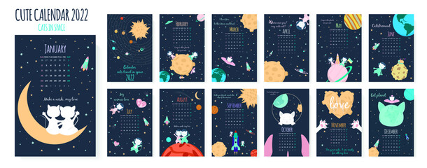 Cute calendar for 2022. Cats walk in space. Solar system. Planet of Cats. Comic about love. Colorful vector illustration.