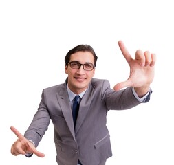 Funny businessman pressing virtual buttons isolated on white