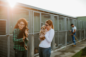 Two young adult women adopting beautiful dogs at animal shelter.