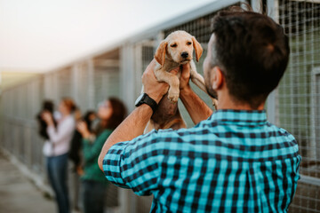 Young adult man adopting adorable dog in animal shelter.