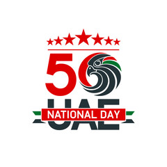 50 UAE national day logo with falcon head icon in the UAE flag colors illustration banner. Sign of United Arab Emirates 2 December Spirit of the union 50 National day Anniversary Celebration Card 2021