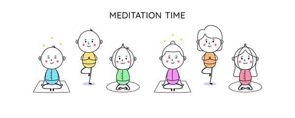 Yoga practice and meditation time. Doodle man and woman, cute people. Yoga poses, meditation practice, wellness, healthy lifestyle, balance and harmony. Cute cartoon characters, vector illustration