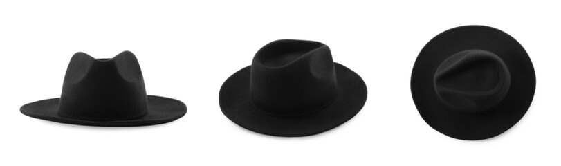Set with stylish black hats on white background, banner design. Trendy headdress