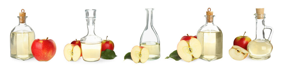 Natural apple vinegar and fresh fruits on white background, collage. Banner design