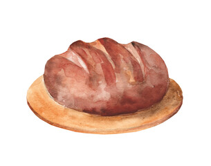 .Watercolor illustration of a loaf of rye bread on a wooden cutting board isolated on a white background. Agriculture, bakery. Eco-friendly production.