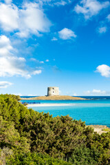 Stunning landscape with the Aragonese Tower and La Pelosa Beach bathed by a calm turquoise water....