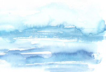 Watercolor painting aquarelle hand blue paint on white background, aquarelle background.