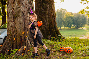 Portrait blonde girl in witch costume with pumpkin in her hands. Halloween kids.