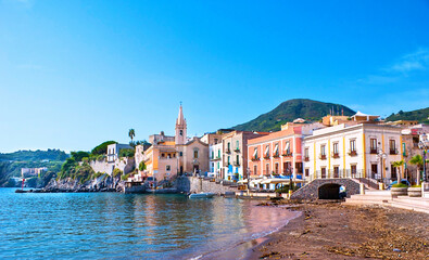 The old port of Marina Corta with a beach of black volcanic sand, Lipari Island, Sicily, Italy