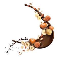 Pieces of tasty hazelnuts and delicious melted chocolate flying on white background