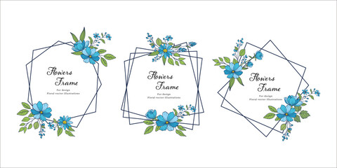 青い花の装飾フレーム　3点セット