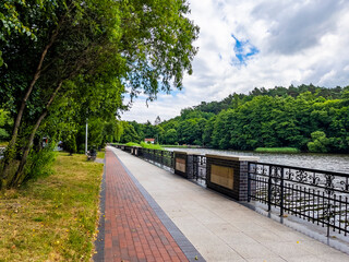 Svetlogorsk, Russia, June 24, 2021. Scenic city landscape, coast of Tikhoe lake
