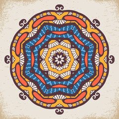 Ethnic Hand Drawn Tribal Round Mandala Pattern. Colorful Vector Illustration.