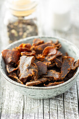 Sliced beef jerky. Dried beef meat.