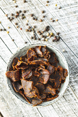 Sliced beef jerky. Dried beef meat.