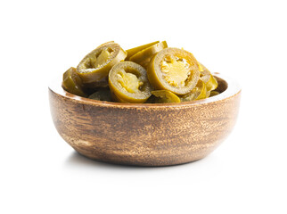 Pickled sliced jalapeno in bowl. Green jalapeno peppers