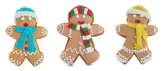 Set with decorated gingerbread men on white background, banner design. Delicious Christmas cookies