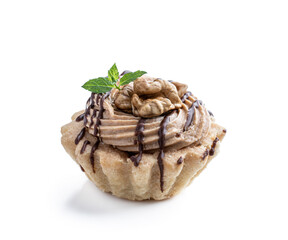 Shortcrust pastry with whipped cream custard and walnut isolated on white