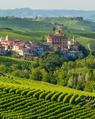 The beautiful village of Barolo and its vineyards on a summer afternoon, in the Langhe region of...