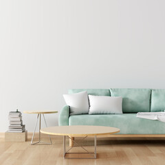Green sofa in white living room with blank table for mockup,3D rendering