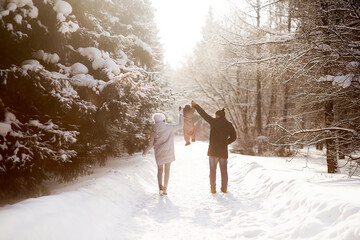 a family walks in the park in winter in a snowfall