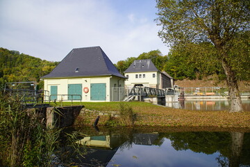 The run-of-river power plant of the Werra river near the city Hannoversch Münden was built between 1921 and 1924. Hann. Münden, Lower Saxony, Germany.