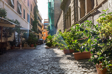 Fototapeta na wymiar Typical street in Trastevere a famous district in Rome, Italy
