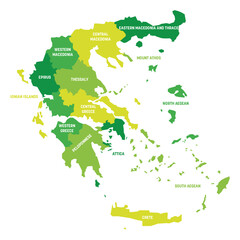 Green political map of Greece. Administrative divisions - decentralized administrations. Simple flat vector map with labels.