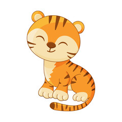 Cute little tiger character. Symbol of 2022 year. Wild kitten, jungle animal for kids design cards, T-shirt and posters. Cartoon striped baby tiger. Vector illustration isolated on a white background.