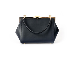 Elegant black small bag (reticule) with a gold lock isolated on white background