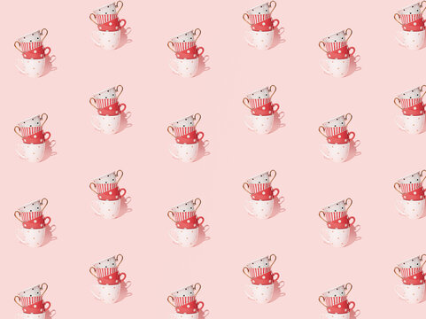Tea cups pastel pink pattern. Various designs, polka dots, stripes, golden details. Tea time, coffee break, chat. Kitchenware, porcelain pieces. Good morning theme. - Powered by Adobe