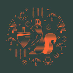 Postcard with a squirrel on a background of flowers, leaves, acorns, mushrooms. The concept of ecology and protection of nature. Vector illustration. Flat design.  © Людмила Сугак