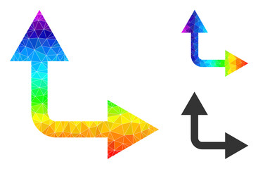 lowpoly bifurcation arrow right up icon with spectral colored. Spectral colorful polygonal bifurcation arrow right up vector is combined with randomized bright triangles.