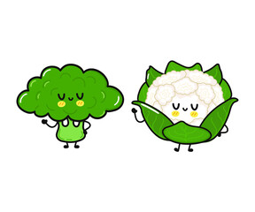Funny cute happy broccoli and cauliflower characters bundle set. Vector kawaii line cartoon style illustration. Cute broccoli and cauliflower mascot friends concept