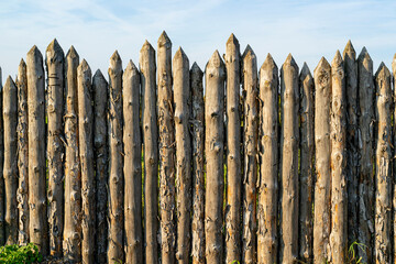 Wooden palisade made of logs. Log wooden fence. Sharp stakes in the ground.