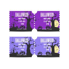 Halloween ticket set with bats and pumpkins, scary trees, spiders and spiderweb on a full moon night. October 31 night party invitation on purple background. Horror evening event entrance pas